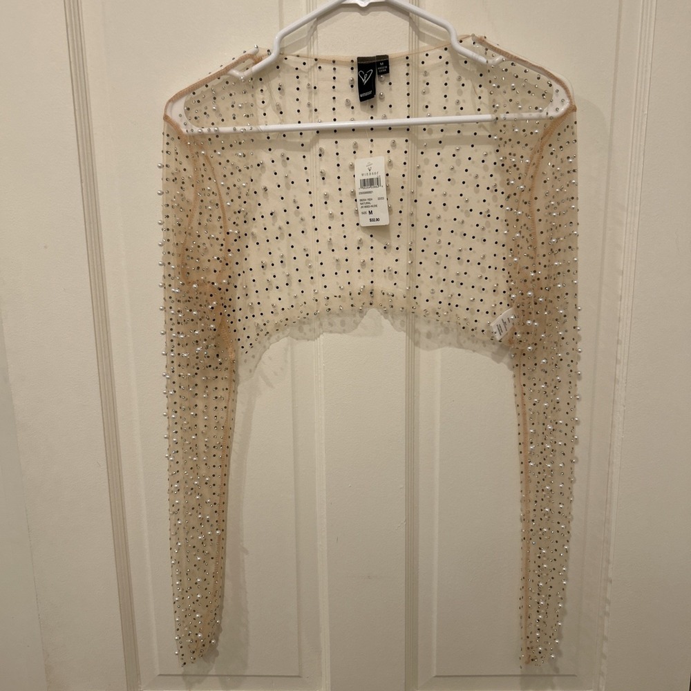 Windsor Women Beaded Faux Pearl‎ Cropped Long Sleeve Cardigan Nude Mesh Medium